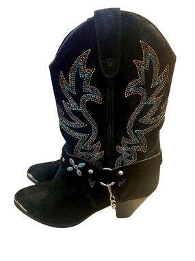 Dingo DI 640 Black Suede Western Cowboy Boots Turquoise Harness Chain GUC